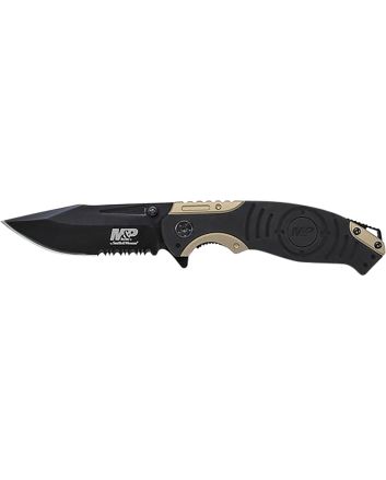 Smith &amp; Wesson Knives SWP13BSCP M&amp;P3.50" Folding Drop Point Part Serrated Stonewashed 8Cr13MoV SS Blade/Black &amp; Tan Aluminum Handle Includes Pocket Clip
