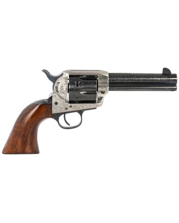 Taylors &amp; Company 550925 1873 Cattleman 45 Colt (LC) Caliber with 4.75" Blued Floral Engraved Finish Barrel, 6rd Capacity Blued Finish Cylinder, Coin Photo Engraved Finish Steel Frame &amp; Walnut Grip