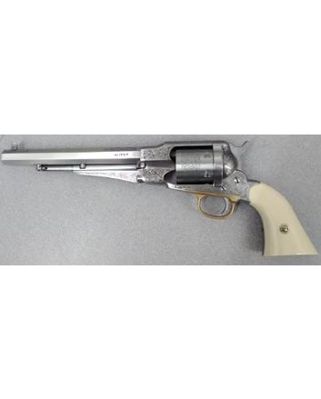 Taylors &amp; Company 550763 1858 Remington Conversion 45 Colt (LC) Caliber with 8" Barrel, 6rd Capacity Cylinder, Overall Nickel-Plated Engraved Finish Steel &amp; 2-Piece Ivory Grip