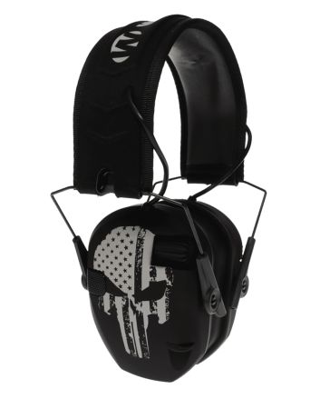 Walker's WPRSEMFSPUN Razor Slim Electronic Freedom Muff 23 dB Over the Head Black w/Distressed Punisher Flag Polymer