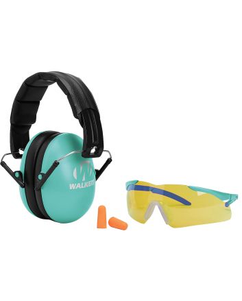 Walker's GWPYWFM2GFPLTL Folding Muff Combo 23 dB Over the Head Folding Muff, Foam Ear Plugs, Shooting Glasses Black/Teal Polymer Fits Youth/Women