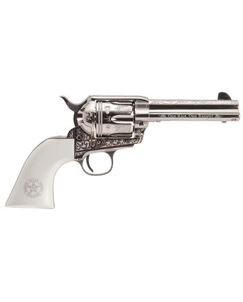 Cimarron PP410LNTXR Frontier Texas Ranger 45 Colt (LC) 6 Shot, 4.75" Engraved Nickel-Plated Steel Barrel, Cylinder &amp; Frame, Engraved "One Riot, One Ranger" Ejector Rod, White Polymer Grip