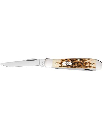 Case 00013 TrapperMini 2.70"/2.75" Folding Clip Point/Spey Plain Mirror Polished Tru-Sharp SS Blade, Peach Seed Jigged Amber Bone Handle