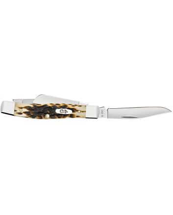 Case 00079 StockmanMedium 2.57"/1.88"/1.76" Folding Clip/Sheepsfoot/Pen Plain Mirror Polished Chrome Vanadium Steel Blade/Peach Seed Jigged Amber Bone Handle