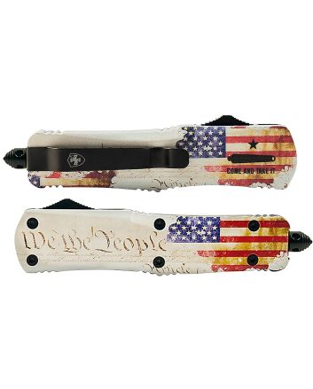 Templar Knife SWTP131 Gen II We The People Small 2.69" OTF Dagger Plain Black Oxide Stonewashed 440C SS Blade, 4.31" White w/Flag &amp; "We The People" Aluminum Handle, Glass Breaker