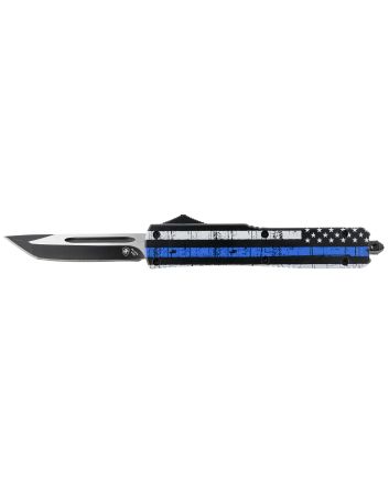 Templar Knife MBTB231 Gen II Back The Blue Slim 3.43" OTF Tanto Plain Black Oxide Stonewashed 440C SS Blade, 5.05" 4.31" Black &amp; White w/Blue Line Aluminum Handle, Glass Breaker