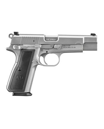 FN 66101068 High Power9mm Luger 17+1, 4.70" Black Target Crown Steel Barrel, Stainless PVD Serrated Steel Slide, Matte Stainless Steel Frame w/Beavertail, Black Textured Polymer Grip, Ambidextrous
