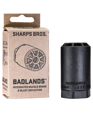 Sharps Bros BAD02 BadlandsMuzzle Brake/Blast Deflector, Heat Treated 17-4 Stainless Steel w/Nitride Finish, 5/8"-24 tpi Threads 2.75"L 1.50"D for Multi-Caliber (.223-.354) Full-Auto Rated