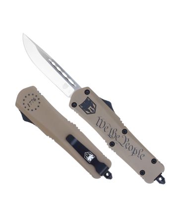 CobraTec Knives MWTPFS3DNS FS-3 We The People Medium 3" OTF Drop Point Plain D2 Steel Blade Tan w/"We The People" Aluminum Cerakoted Handle Features Glass Breaker Includes Pocket Clip