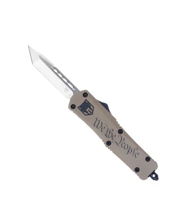 CobraTec Knives MWTPFS3TNS FS-3 We The People Medium 3" OTF Tanto Plain D2 Steel Blade Tan w/"We The People" Aluminum Cerakoted Handle Features Glass Breaker Includes Pocket Clip