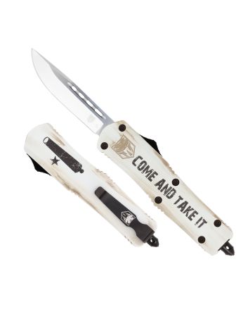 CobraTec Knives MCATIFS3DNS FS-3 Come And Take It 3" OTF Drop Point Plain 154CM SS Blade White w/"Come And Take It" Aluminum Cerakoted Handle Features Glass Breaker Includes Pocket Clip