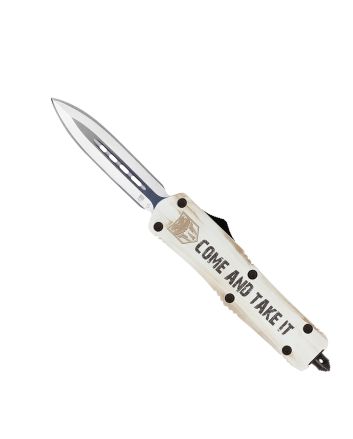 CobraTec Knives MCATIFS3DAGNS FS-3 Come And Take It Medium 3" OTF Dagger Plain D2 Steel Blade White w/"Come And Take It" Aluminum Cerakoted Handle Features Glass Breaker Includes Pocket Clip