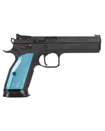 CZ-USA 91222 TS 240 S&amp;W 17+1 5.28" Black Steel Barrel, Black Serrated Steel Slide, Black Polycoat Steel Frame w/Beavertail, Blue Checkered Aluminum Grip, Ambidextrous