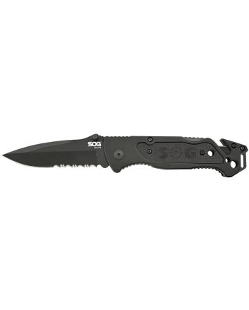 S.O.G SOGFF25CP Escape3.40" Folding Clip Point Part Serrated Black Hardcased 9Cr18MoV SS Blade Black Anodized Aluminum Handle Includes Belt Clip