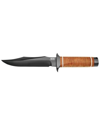 S.O.G SOGSB1TL Super SOG7.50" Fixed Bowie Plain Black Hardcased TiCN AUS-8A SS Blade Brown Stacked Leather Washers w/Cross Guard Handle Includes Sheath