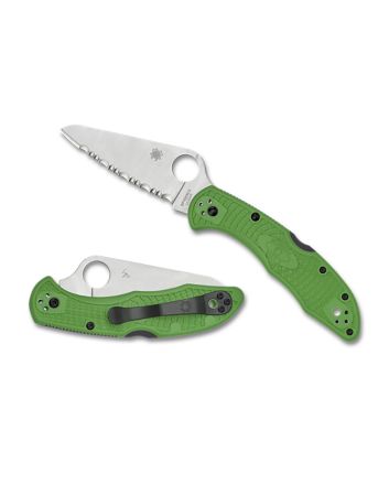 SpydercoSalt 23" Folding Clip Point Serrated H1 Steel Blade Green Bi-Directional Texturing FRN Handle Includes Pocket Clip