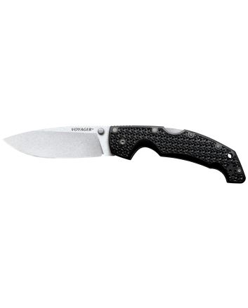 Cold Steel CS29AB Voyager Large 4" Folding Plain Drop Point Stone Washed AUS 10A Steel Blade/Black Textured Griv-Ex Handle
