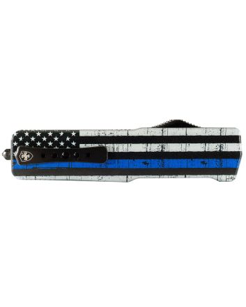 Templar Knife SABTB32 Premium LW We Back You Small 3" OTF Drop Point Plain Black Oxide Stonewashed D2 Steel Blade, 4.50" Black &amp; White w/Blue Line Aluminum Handle