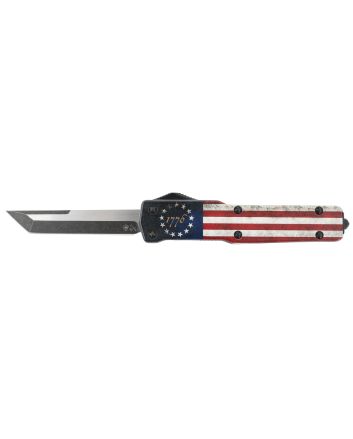 Templar Knife MZBRF221 Premium Weighted Betsy Ross Flag Slim 3.16" OTF Tanto Plain Black Oxide Stonewashed D2 Steel Blade, 4.93" Betsy Ross Flag Aluminum Zinc Alloy Handle