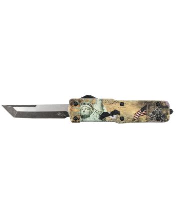 Templar Knife SZLIB221 Premium Weighted Liberty Small 3" OTF Tanto Plain Black Oxide Stonewashed D2 Steel Blade, 4.50" Gold w/Statue of Liberty/Flag/Eagle Aluminum Zinc Alloy Handle