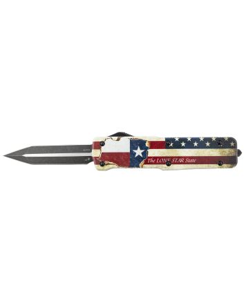 Templar Knife LZTX121 Premium Weighted Texan Large 3.55" OTF Dagger Plain Black Oxide Stonewashed D2 Steel Blade, 5.25" Red/White/Blue w/"The LONE STAR State" Aluminum Zinc Alloy Handle