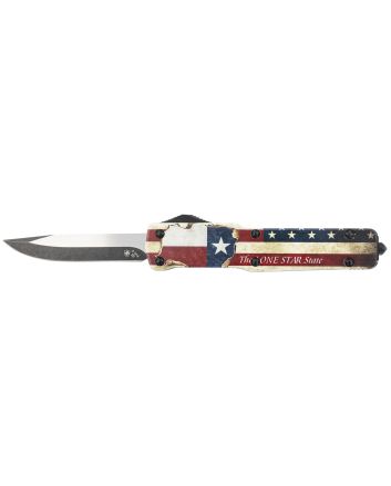 Templar Knife MZTX321 Premium Weighted Texan Slim 3.16" OTF Drop Point Plain Black Oxide Stonewashed D2 Steel Blade, 4.93" Red/White/Blue w/"The LONE STAR State" Aluminum Zinc Alloy Handle
