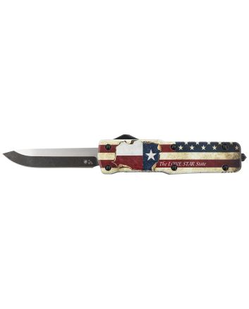 Templar Knife SZTX321 Premium Weighted Texan Small 3" OTF Drop Point Plain Black Oxide Stonewashed D2 Steel Blade, 4.50" Red/White/Blue w/"The LONE STAR State" Aluminum Zinc Alloy Handle
