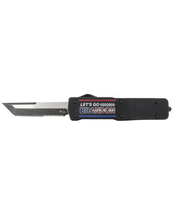 Templar Knife LZLGB521 Premium Weighted Let's Go Brandon Large 3.55" OTF Tanto Part Serrated Black Oxide Stonewashed D2 Steel Blade, 5.25" Black "Lets Go Brandon" Aluminum Zinc Alloy Handle