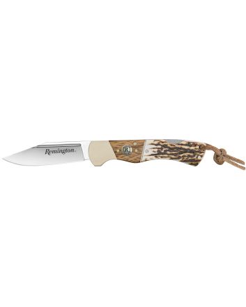 Remington Accessories 15654 Guide Lock Back 4.00" Folding V-Flat Stainless Steel Blade, Stag Bone Handle w/Remington Shield, Nickle Silver Bolsters, Includes Leather Lanyard