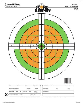 Champion Targets 45762 Score Keeper Sight-In Bullseye Paper Hanging 100 yds Small Bore Rifle Fluorescent Green &amp; Orange/White 12 PK