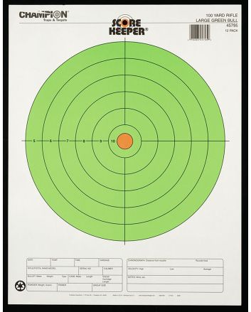 Champion Targets 45795 Score KeeperBullseye Paper Hanging 100 yds Rifle Large Fluorescent Green &amp; Orange 12 PK