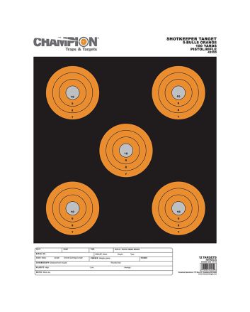 Champion Targets 45555 Shotkeeper5" Bullseye Paper 100 yds Pistol/Rifle Large Black/Orange 12 PK