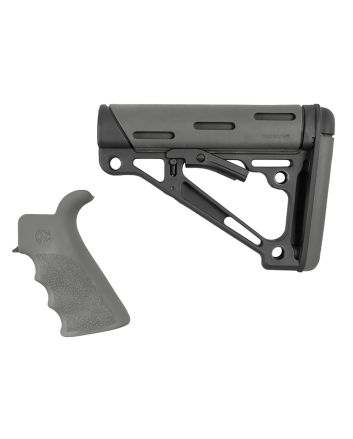 Hogue 15556 OverMolded Collapsible Buttstock Black Synthetic &amp; Slate Gray OverMolded Rubber Stock Slate Gray Rubber Finger Grooved Grip for AR-15, M16 with Mil-Spec Buffer Tube (Tube Not Included)
