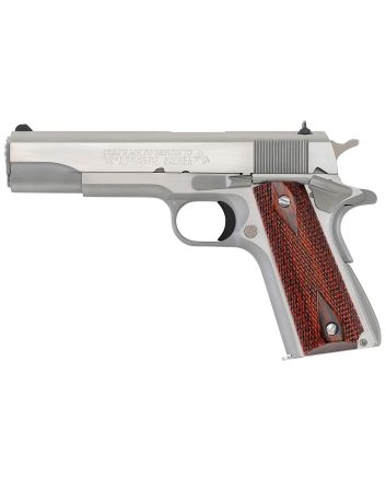 Colt Mfg O1070A1CS 1911 Government 45 ACP 8+1 5" Stainless National Match Barrel, Brushed Stainless Serrated Slide &amp; Frame w/Beavertail, Double Diamond Checkered Wood Grip