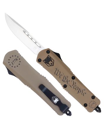 CobraTec Knives SWTPFS3DNS FS-3 We The People Small 2.75" OTF Drop Point Plain Aluminum Cerakoted D2 Steel Blade, Tan "We The People" Aluminum Handle
