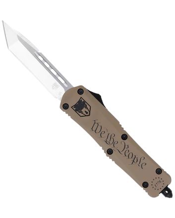 CobraTec Knives SWTPFS3TNS FS-3 We The People Small 2.75" OTF Tanto Plain Aluminum Cerakoted D2 Steel Blade, Tan "We The People" Aluminum Handle