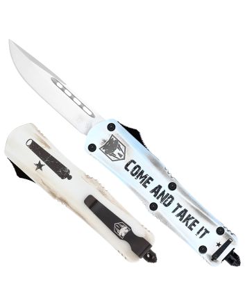CobraTec Knives SCATIFS3DNS FS-3 Come And Take It Small 3" OTF Drop Point Plain D2 Steel Blade 4.50" White "Come And Take It" Aluminum Cerakoted Handle Includes Glass Breaker/Pocket Clip
