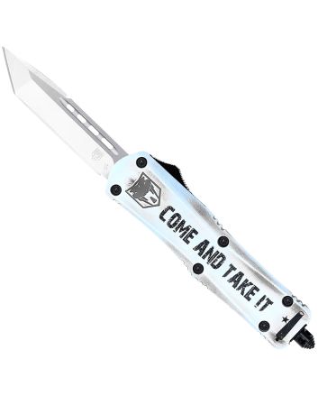 CobraTec Knives SCATIFS3TNS FS-3 Come And Take It Small 3" OTF Tanto Plain Satin D2 Steel Blade, 4.50" White "Come And Take It" Aluminum Cerakoted Handle