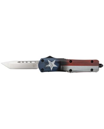 CobraTec Knives MCTXFS3TNS FS-3 Texas Flag Medium 3" OTF Tanto Plain Satin D2 Steel Blade, 5" Texas Flag Aluminum Cerakoted Handle