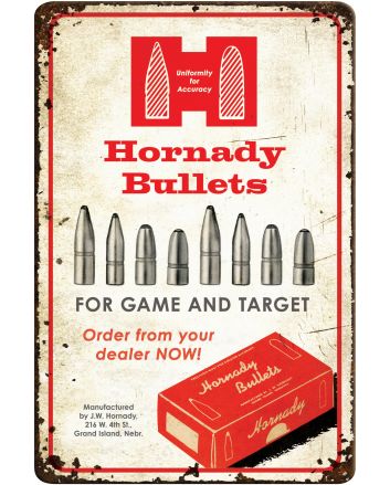 Hornady 99145 Bullets Tin Sign Rustic Red White Aluminum 12" x 18"