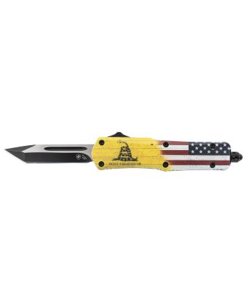 Templar Knife S-DTOM-23-1 Gen II Don't Tread On Me Small 2.69" OTF Plain Black Oxide 440C SS Blade, 4.25" Yellow w/Flag &amp; "Don't Tread On Me" Aluminum Handle, Glass Breaker
