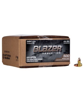 CCI 5200BK500 Blazer Brass Handgun 9mmLuger 115gr Full Metal Jacket 500 Per Box/1 Case *Loose