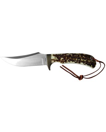 Uncle Henry old 1100035 Next Gen Staglon4.25" Skinner Plain Satin Stainless Steel Blade 4.25" Staglon Handle Features Brass Finger Guard Includes Sheath