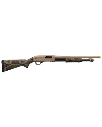 Winchester Repeating ArmsSXP Defender 20 Gauge 3" 5+1 (2.75") 18" Barrel, FDE Drilled &amp; Tapped Rec, Woodland Camo Textured Stock, TacticalRibbed Forearm, Inflex Recoil Pad