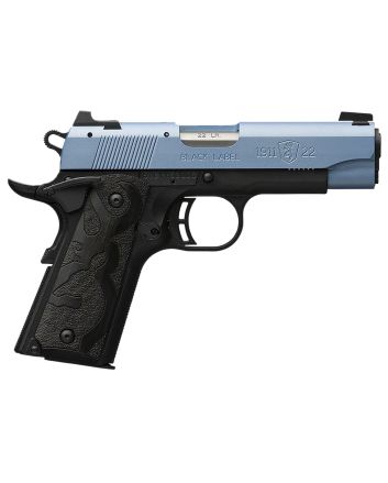 Browning 051898490 1911 Black Label Compact Frame 22 LR 10+1, 3.63" Matte Stainless Steel Barrel, Polar Blue Cerakote Serrated Slide, Matte Black Polymer Frame w/Beavertail, Black Laminate Wood Grip