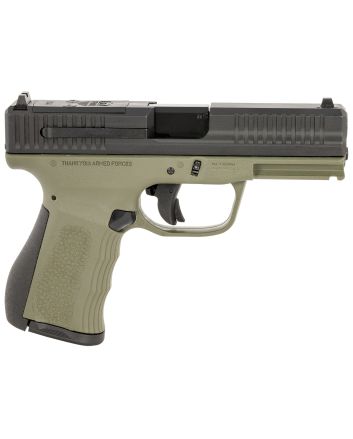 FMK FMKG49OD G39mm Luger 14+1 4" Stainless Steel Barrel, Black Optic Cut/Serrated Carbon Steel Slide, OD Green Polymer Frame w/Picatinny Rail, Black Backstrap Grip