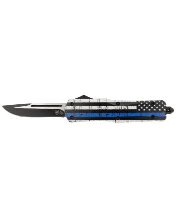 Templar Knife LBTB331 Gen II Back The Blue Large 3.50" OTF Drop Point Plain Black Oxide Stonewashed 440C SS Blade, 5.25" Black &amp; White w/Blue Line Aluminum Handle, Glass Breaker