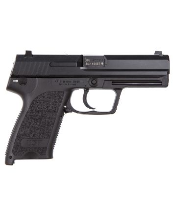 HK 81000307 USP V1 SA/DA 9mm Luger Caliber with 4.25" Barrel, 15+1 Capacity, Overall Black Finish, Serrated Trigger Guard Frame, Serrated Steel Slide &amp; Polymer Grip Includes 2 Mags