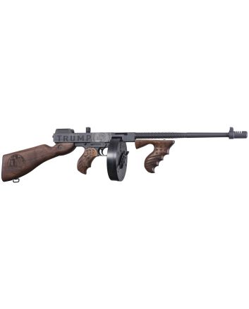 Thompson T1-14-50DC2 1927A-1 Deluxe 45 ACP 16.50" 20+1 (Stick), 50+1 (Drum), Trump Save America Engraved, Sniper Gray/Black Finish, American Walnut Furniture, Compensator
