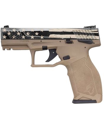 Taurus 1TX2214110USD TX22Full Size Frame 22 LR 10+1 4.10" Black Steel Threaded Barrel, Black Distressed US Flag Cerakote Serrated Slide, FDE w/Black Controls Polymer Frame w/Picatinny Rail